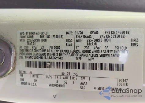 2020 Ford Escape Sel z USA, uszkodzony, nr VIN 1FMCU0H61LUA92142